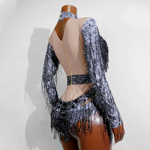Combinaison pour femme adulte à motif argenté futuriste et franges de strass noirs, style Dark Glamour, pour Cyber Rave, <span class=keywords><strong>Majorette</strong></span>, Drag Queen et tenue de scène - Product Image 5