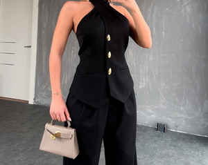 Completo Casual da Donna con Top Senza Maniche a Collo Alto e Pantaloni a Vita Alta - Product Image 3