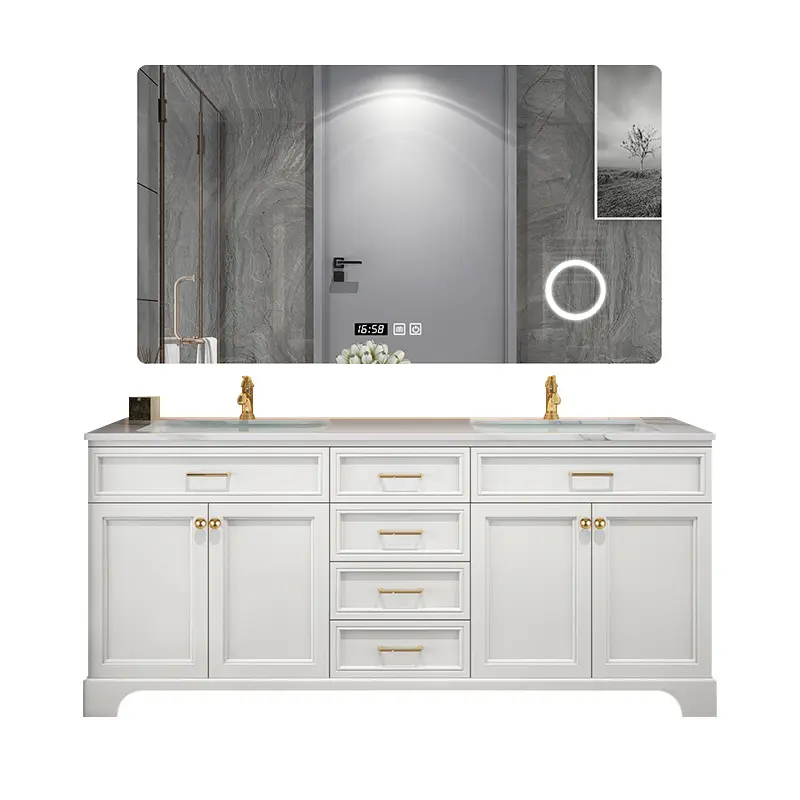 Gabinete de encimera de mármol con puerta de coctelera de estilo estadounidense, tocadores de baño de madera maciza independientes con espejo