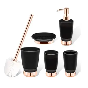 6 Pack Black Matte Bathroom Accessories Set Premium Resin Bathroom Set Black Toothbrush Holder Set with Rose Gold Decor