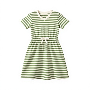 T-shirts unisexes en coton 100% pour filles, style décontracté, col en V, manches courtes, rayures vertes et blanches, tricoté, 160g, lavable, Bangladesh - Product Image 1