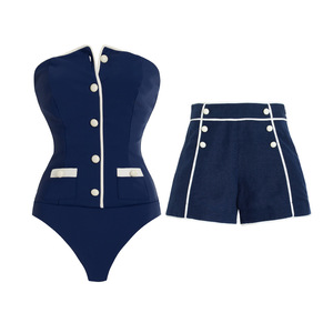 Traje de Baño de Dos Piezas Azul Marino Vintage para Mujer, Top Tipo Body con Botones y Pantalones Cortos de Cintura Alta con Control de Abdomen, OEM - Product Image 6