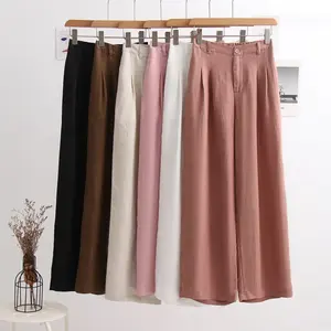 Custom Women's Straight Sweep The Floor Elastic Waist Flax Wide Leg Linen Casual Pants Wide Leg Pants