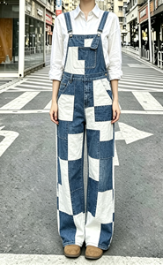 SOONREE Checkerboard Patchwork Denim Overalls Men Blue White Pattern Jumpsuit Streetwear Vintage Bib Overalls <strong>Baggy</strong> <strong>Dungarees</strong> - Product Image 3