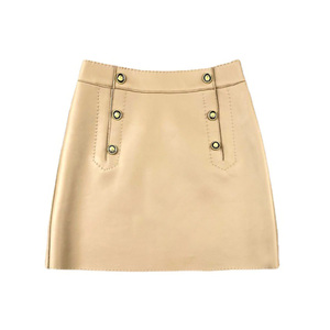 Jancoco Khaki <strong>White</strong> Solid Color High Waist Short Real Sheepskin Women <strong>Leather</strong> Mini <strong>Skirt</strong> - Product Image 1