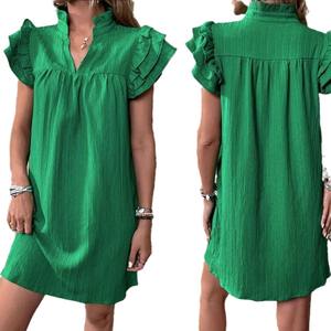 Women's <b>Summer</b> Sweet Breathable New Fashion Solid Mini A-Line Dress Multi-Layered Ruffle Sleeve V-Neck Pullover Versatile - Product Image 1