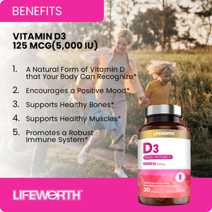 LIFEWORTH מגה D3 ו-KM-7 קומפלקס - ויטמין D3 5000 יואו ו-K2 180 מיקרוגרם בעוצמה גבוהה לתמיכה בעצמות ולמערכת הלב וכלי הדם - Product Image 3