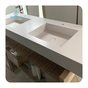 Lavabo Moderno Bianco Personalizzato Cinese Sospeso a Parete con Doppio Lavabo in Composito Acrilico Puro, Superficie Solida Ecologica per <span class=keywords><strong>Bagno</strong></span> (<span class=keywords><strong>Corian</strong></span>) - Product Image 4