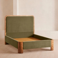 Lit capitonné en velours mousse italien, taille Queen, avec pieds en bois de ronce, tête de lit haute, ensemble de meubles de chambre pour maison, villa, loft