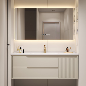 Meuble de salle de bain moderne en bois massif, lavabo intégré en céramique, lavabo minimaliste moderne - Product Image 1