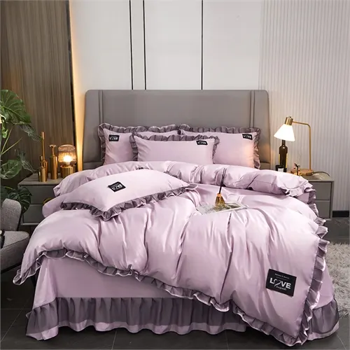 Hiện Đại 4-Mảnh Duvet Cover Set Rửa Sạch Lụa Tấm Ga Giường Ren Váy Màu Rắn Bộ Đồ Giường Bộ