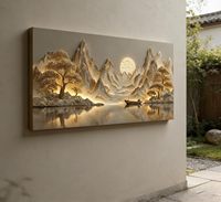Tekstur 3D Lanskap Besar Matahari Terbit Matahari Terbenam Abstrak Pegunungan Danau Pohon Terbungkus Kanvas Seni Dinding Poster Cetak 48X24 Bertekstur