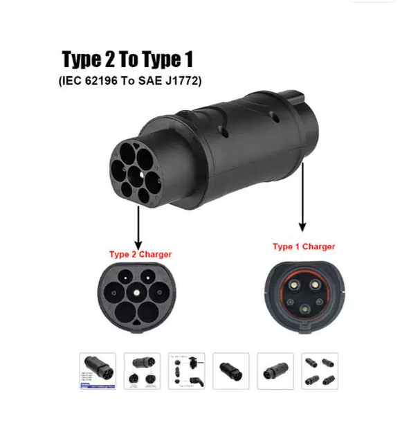 Type 2 Male to Type 1 Female EV Charging Adapter, 16A/32A 7.2kW AC