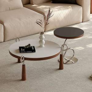 Minimalist Round Coffee <b>Table</b> Wood Top Metal Base Living Room Furniture Designer Modern Style <b>Set</b> - Product Image 1