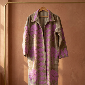 Wholesale Custom Handmade Taupe Grey <b>Velvet</b> Suzani Long Coat Featuring <b>Purple</b> Pomegranate Motif Applique Embroidery Vintage Boho - Product Image 3