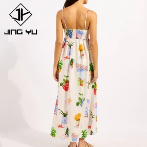 เดรสยาวทรงคอร์เซ็ทพิมพ์ลายสำหรับผู้หญิง ฤดูร้อนใหม่ พร้อมจีบปรับระดับได้ด้านหลัง ผ้าลินินหรูหรา 55% / วิสโคส 45% - Product Image 3