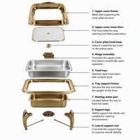 KUNTAI Réchaud de buffet rectangulaire de luxe en acier inoxydable martelé doré, alimenté à l'alcool, 6L, à chafing-dish hydraulique, économe en énergie