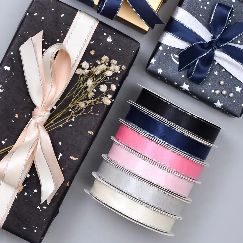 Yama Nhà Máy Bán Sỉ Cổ Phiếu Polyester Đôi Mặt Thời Trang Quà Tặng Ribbon 16Mm Chiều Rộng Satin Ribbon Với Bạc Cạnh