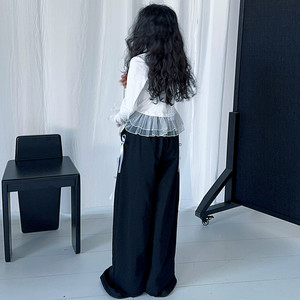 2025 Trẻ Em Cô Gái Ren Trắng Chắp Vá Dài Tay Áo Sơ Mi + Chân Rộng Quần Giản Dị 2 Pcs Thời Trang Thiết Lập - Product Image 6