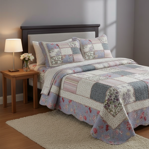 Juego de Ropa de Cama de Algodón con Parches Florales Vintage en Tono Púrpura, 3 Piezas, Reversible - Product Image 1