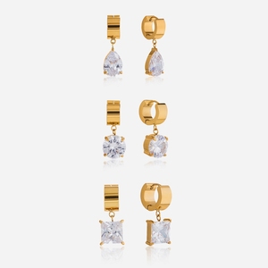 Boucles d'oreilles pendantes <span class=keywords><strong>J</strong></span>& Round Square Teasrop CZ Huggie en acier inoxydable plaqué or 18 carats avec grande pierre, bijou cadeau pour femme - Product Image 1