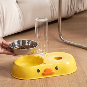 Distributeur d'eau automatique à double bol en acier inoxydable, bol pour animaux de compagnie en forme de canard, rose et jaune - Product Image 3