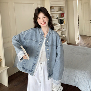Manteau en jean matelassé haut de gamme avec dentelle et empiècements pour <span class=keywords><strong>femme</strong></span>, idéal printemps-automne, style décontracté - Product Image 4