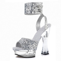 Chaussures de Modèle Sandales 14cm Bout Ouvert Plateforme de Danse sur Poteau Pantoufles Taille 46 Mode Danseuse Exotique Sexy Fétiche Paillettes Rose