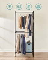 Porte-manteau moderne trois niveaux multifonctionnel personnalisable avec cintres, étagère à chaussures et rangement pour sacs, idéal pour chambre et salle de bain