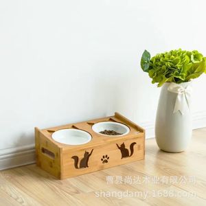 Support d'alimentation pour chat en bois, support de bol réglable pour le cou du chat, double bol incliné, table à manger universelle pour animaux de compagnie - Product Image 1