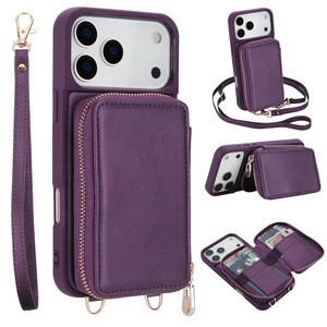 전화 가방 지갑 카드 슬롯 홀더 <span class=keywords><strong>iPhone</strong></span> 17 16 15 14 13 <span class=keywords><strong>12</strong></span> Pro Plus 용 긴 스트랩 가죽 케이스가있는 휴대 전화 지갑 - Product Image 1