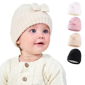 Automne hiver couleur unie bébé <span class=keywords><strong>tricot</strong></span>é chapeaux enfants filles garçons bonnets casquettes chaud doux nouveaux chapeaux ajustés pour enfants avec nœud - Product Image 1