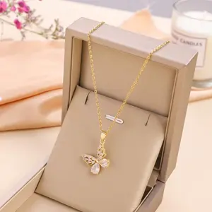 18k Gold Plated Matte Necklace Stainless Steel Zircon Cross Heart Butterfly Letter Pendant Necklace For Women