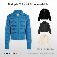 Cardigan zippé en maille ajourée pour femme, pull ajouré léger avec bordure côtelée, idéal pour la superposition, OEM ODM, vente en gros, faible MOQ