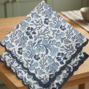 RIDHI Modern Square Coastal Denim <b>Blue</b> Indian Handmade High Block Floral Printed Embroidery Customized Scalloped 100% Pure Soft - Product Image 3