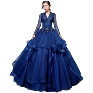 Blue Long Sleeve Ball Gown Women Stage Performance Dress With Embellishments Formal Wear For Choir Singing Art Exam - Product Image 5