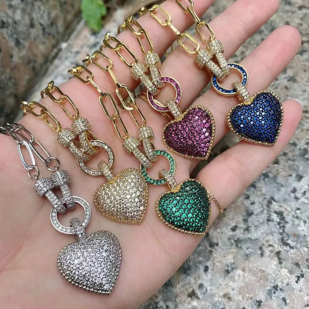 Fashion Micro Pave Green Blue Red CZ Stone Gold Tone Jewelry Heart Pendant with 18'' Chain Meaningful Necklace