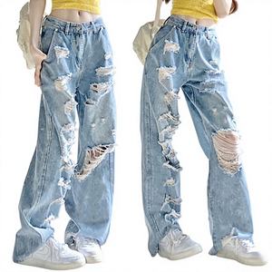 Pantalon en <span class=keywords><strong>jean</strong></span> déchiré style américain pour femme, coupe droite, taille haute, ample, amincissant, séchage rapide, design tendance pour l'été - Product Image 1