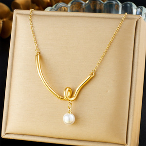 V-Shaped Pearl Pendant Gold Plated Chain Necklace Geometric Design Everyday Wear - Product Image 5