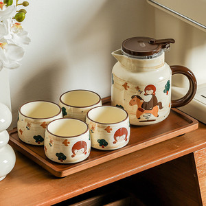 Wholesale <b>Tea</b> Infuser <b>Pot</b> and Cup <b>Set</b> Cute Ceramic <b>Tea</b> <b>Set</b> with Wooden Tray - Product Image 3