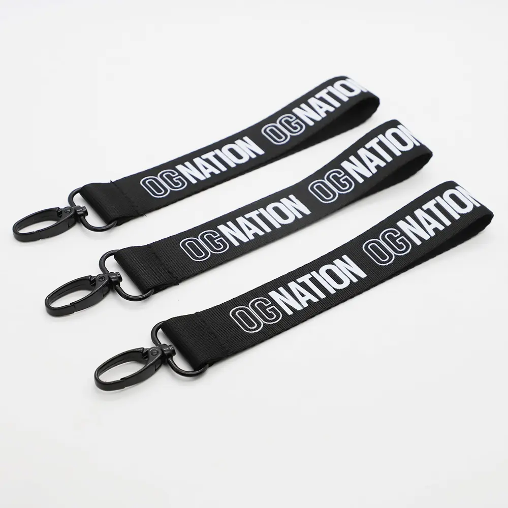 Longes promotionnels sérigraphie double face personnalisés Cordon de sécurité porte-clés court en nylon et polyester à crochet noir avec logo