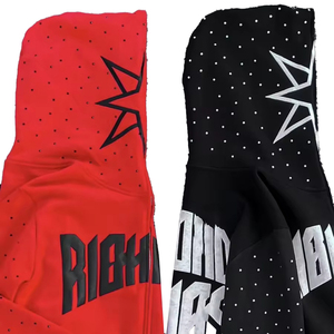 Sudadera con capucha OEM para hombre, estilo urbano, personalizada, 100% algodón, felpa francesa, extragrande, gruesa, con pedrería y cremallera completa - Product Image 3