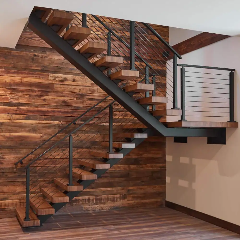 Single Stringer Stairs U Shaped Staircase with Wooden Steps for Indoor Use