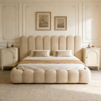 Cama Nube de Tela Bouclé Crema Acogedora, Tamaño King, Queen, Doble, Full, con Marco de Madera, Ecológica, Duradera y Estable