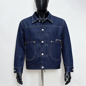Doger personnalisé bouton coton à fines rayures brut Streetwear Vintage réversible recadrée travail manteaux jean veste en jean pour hommes - Product Image 1
