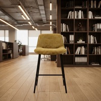 Tabouret de bar en bouclette jaune moutarde, rembourré, avec base en métal noir et repose-pieds pour îlot de cuisine