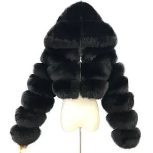 Short Style Hooded Fur Jacket Women Warm Black Fox Fur Coat Long Sleeve Winter Fur Hood Coat