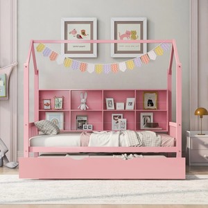Kids House <span class=keywords><strong>Bed</strong></span> Montessori Floor <span class=keywords><strong>Bed</strong></span> House Floor <span class=keywords><strong>Bed</strong></span> con nido y estante de almacenamiento, Full/Twin Size - Playhouse Design - Product Image 6
