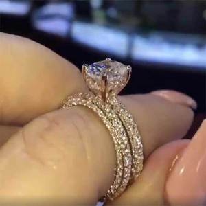 Women's <b>Rose</b> <b>Gold</b> Oval Four Prong Copper Romantic Engagement Style Couple Ring <b>Set</b> - Product Image 1