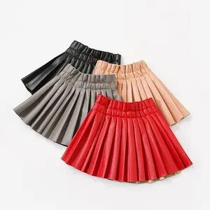 3-10 Tahun Bayi Perempuan PU Kulit Lipit Rok Bayi Gadis Pinggang Elastis Pendek Solid Rok Lipit Rok